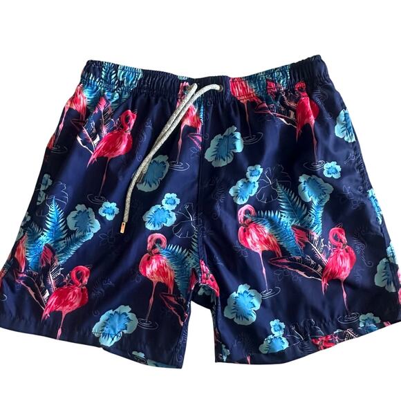 Vintage Summer Navy/Flamingo Print Swim Trunks- L - Picture 1 of 9